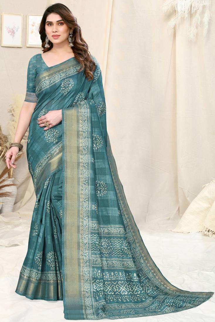 Brown Printed Silk Blend Sarees With Unstitched Blouse Piece main image 1