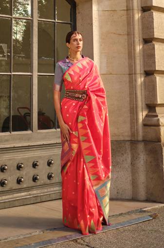 Coral Red Silk Jacquard Woven Saree With Blouse