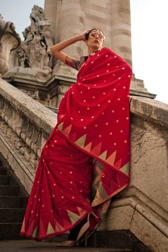 Red Silk Jacquard Woven Saree With Blouse