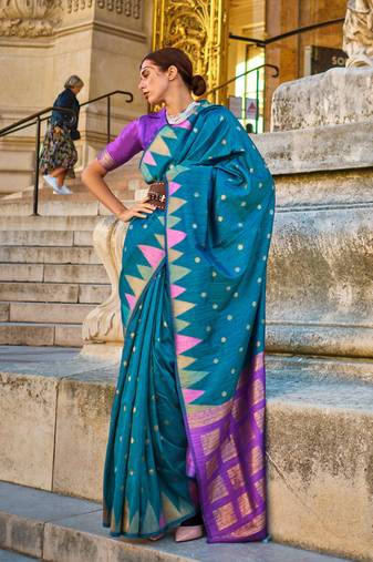 Teal Blue Silk Jacquard Woven Saree With Blouse
