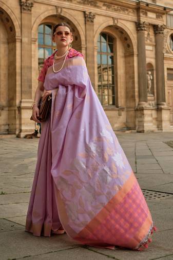 Lavender Soft Handloom Silk Woven Work Saree With Blouse