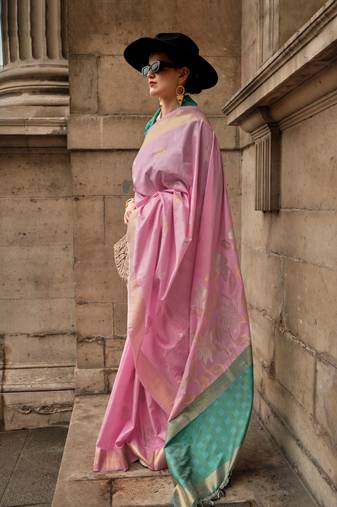 Light Pink Soft Handloom Silk Woven Work Saree With Blouse