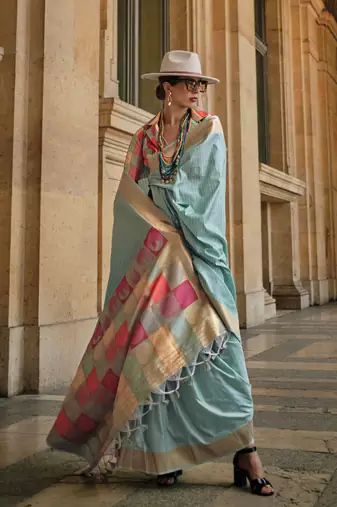 Aqua blue soft handloom silk woven work saree with blouse