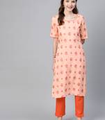 Idalia Women's Orange Rayon Kurta Set With A Pair Of Pants