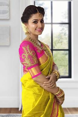 Yellow plain art silk saree with blouse 1