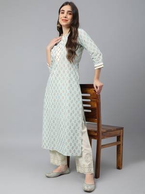 Idalia Sky Blue Khari Gold Print Cotton Kurta 1