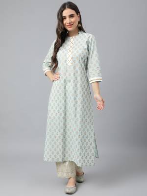 Idalia Sky Blue Khari Gold Print Cotton Kurta 2