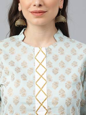 Idalia Sky Blue Khari Gold Print Cotton Kurta 3