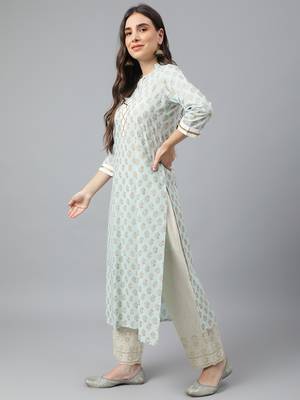 Idalia Sky Blue Khari Gold Print Cotton Kurta 4