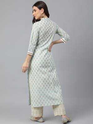 Idalia Sky Blue Khari Gold Print Cotton Kurta 5