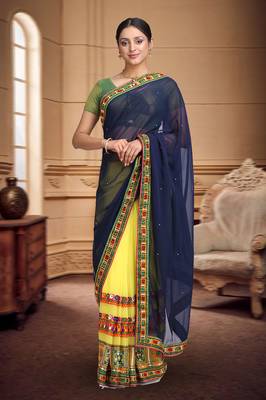 Navy Blue Embroidered Georgette Saree With Blouse 1
