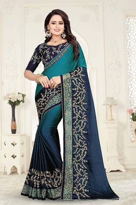 Navy blue embroidered georgette saree with blouse 1