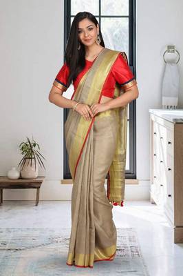 Golden Linen Saree With Blouse 1