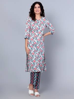 Idalia Light Pink Red, Green Coral Printed Cotton Kurta Set With Dupatta 1