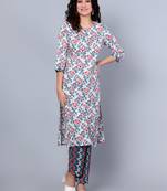 Idalia Light Pink Red, Green Coral Printed Cotton Kurta Set With Dupatta