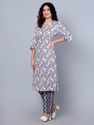 Idalia Light Pink Red, Green Coral Printed Cotton Kurta Set With Dupatta 2