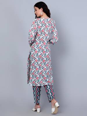 Idalia Light Pink Red, Green Coral Printed Cotton Kurta Set With Dupatta 4