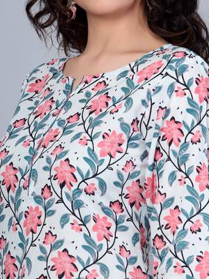Idalia Light Pink Red, Green Coral Printed Cotton Kurta Set With Dupatta 5