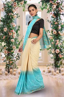Cream Printed Georgette Saree With Blouse 1