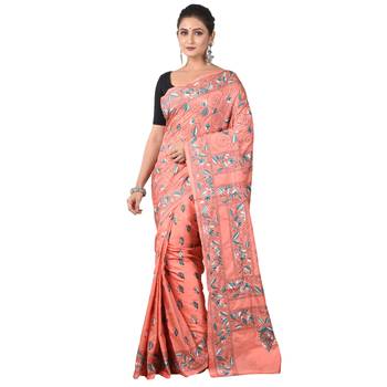 Aishani Collection Hand Embroidery Kantha Stitch Handloom Saree with bp (Pink) 1