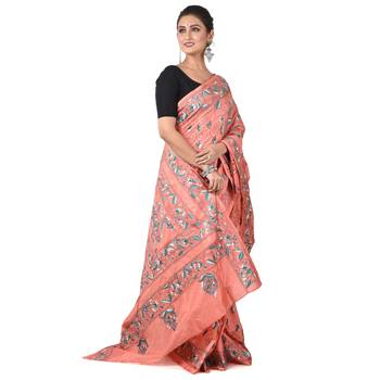 Aishani Collection Hand Embroidery Kantha Stitch Handloom Saree with bp (Pink) 2