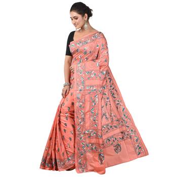 Aishani Collection Hand Embroidery Kantha Stitch Handloom Saree with bp (Pink) 3