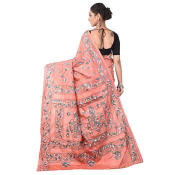 Aishani Collection Hand Embroidery Kantha Stitch Handloom Saree with bp (Pink) 4