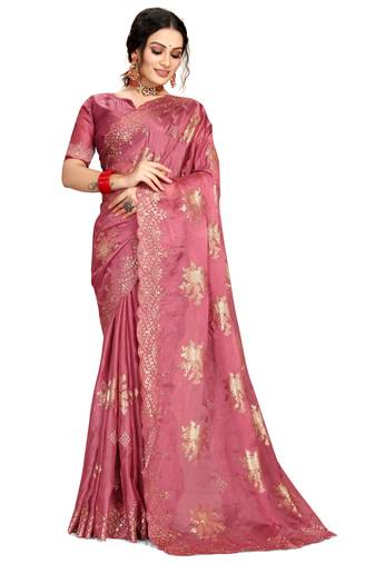 Pink sequin Resham Embroidery Organza Silk Saree