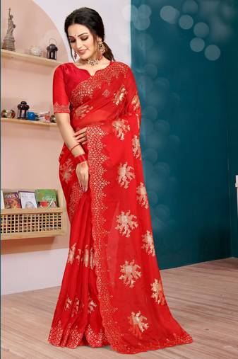 Red sequin Resham Embroidery Organza Silk Saree