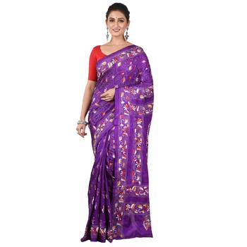 Aishani Collection Hand Embroidery Kantha Stitch Handloom Saree with bp (Pink) 1