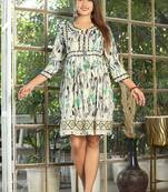 rayon printed pleated tunic short dress for women (multi green)