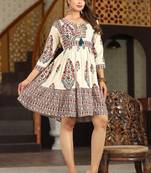 Veera paridhaan rayon printed pleated tunic short dress for women (beige)