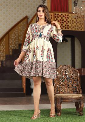 Veera paridhaan rayon printed pleated tunic short dress for women (beige) 2