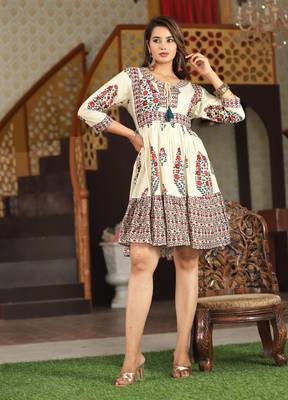 Veera paridhaan rayon printed pleated tunic short dress for women (beige) 3