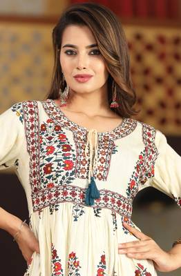 Veera paridhaan rayon printed pleated tunic short dress for women (beige) 4