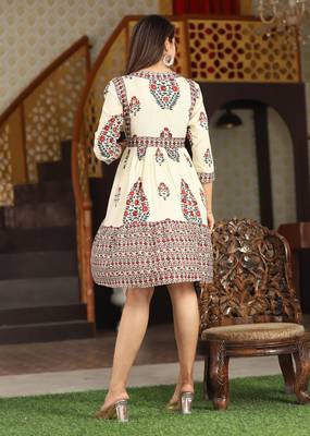 Veera paridhaan rayon printed pleated tunic short dress for women (beige) 5