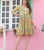 Veera paridhaan rayon printed pleated kashida work tunic short dress for women (green)