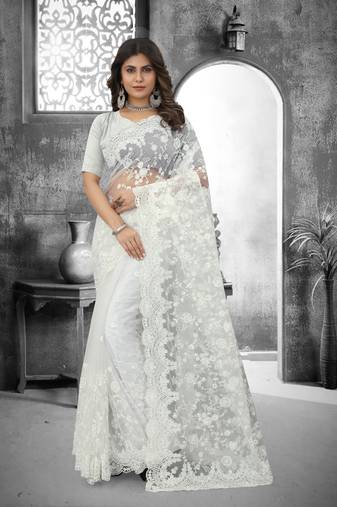 White Resham Stone Moti Embroidery Net Party Wear Saree