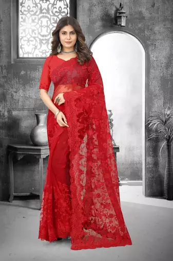 Red Resham Stone Moti Embroidery Party Wear Saree