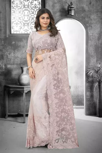 Peach Resham Moti Stone Embroidery Net Saree