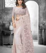 Peach Resham Moti Stone Embroidery Net Saree