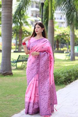 Baby pink woven handloom raw silk saree with blouse 1