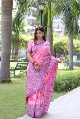Baby pink woven handloom raw silk saree with blouse 2