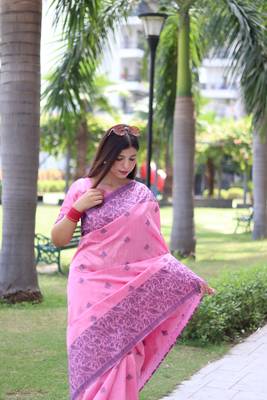 Baby pink woven handloom raw silk saree with blouse 3
