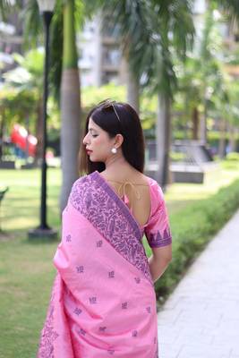 Baby pink woven handloom raw silk saree with blouse 5