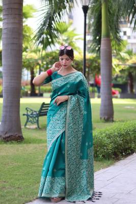 Teal woven handloom raw silk saree with blouse 1