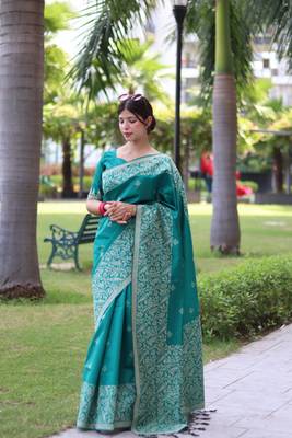 Teal woven handloom raw silk saree with blouse 2