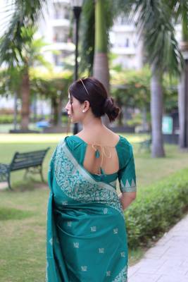 Teal woven handloom raw silk saree with blouse 5