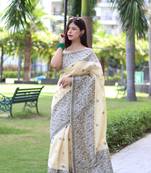 Off white woven handloom raw silk saree with blouse