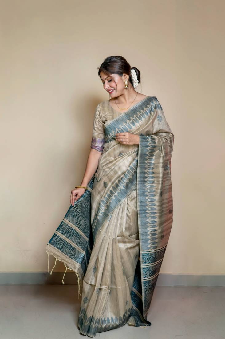 Teal thread woven handloom tussar silk saree with blouse